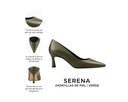 Serena zapatilla de piel verde, infografía de características