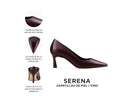 Serena zapatilla de piel vino, infografía de características