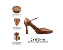 Cynthia zapatilla de piel café, infografía de características