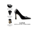 Luisa zapatilla de piel charol negra, infografía de características