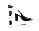 Ariel zapatilla de piel negra, infografía de características