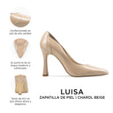 Luisa zapatilla de piel charol beige, infografía de características