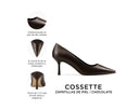 Cossette zapatilla de piel chocolate, infografía de características
