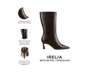 Irelia bota de piel chocolate, infografía de características