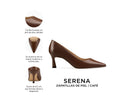 Serena zapatilla de piel café, infografía de características