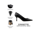 Cossette zapatilla de piel negra, infografía de características