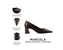 Marcela zapatilla de piel chocolate, infografía de características